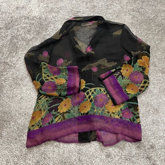 Chadwicks Blouse Button Up Top womens Medium Black Purple Sheer Tropical Floral - Picture 2 of 11